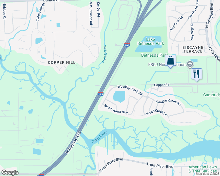 map of restaurants, bars, coffee shops, grocery stores, and more near 4499 Woodley Creek Road in Jacksonville