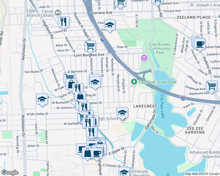 map of restaurants, bars, coffee shops, grocery stores, and more near 2161 Kentucky Street in Baton Rouge