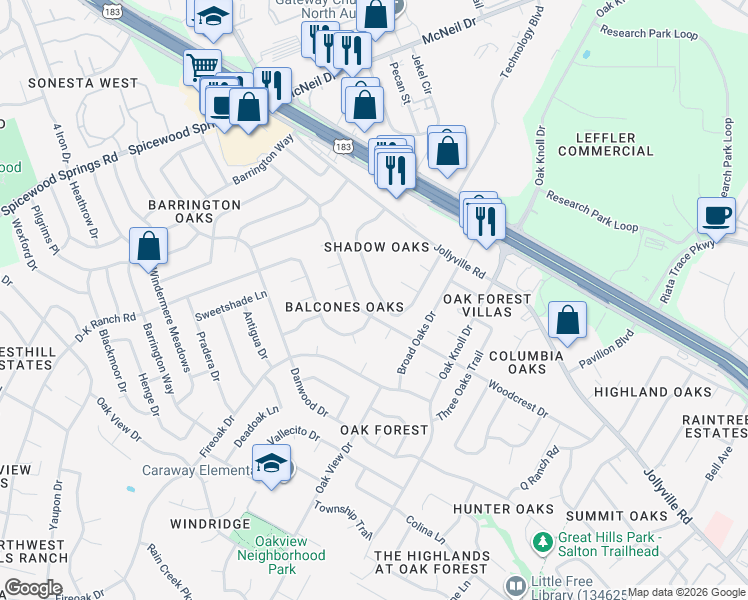 map of restaurants, bars, coffee shops, grocery stores, and more near 11635 Argonne Forest Trail in Austin