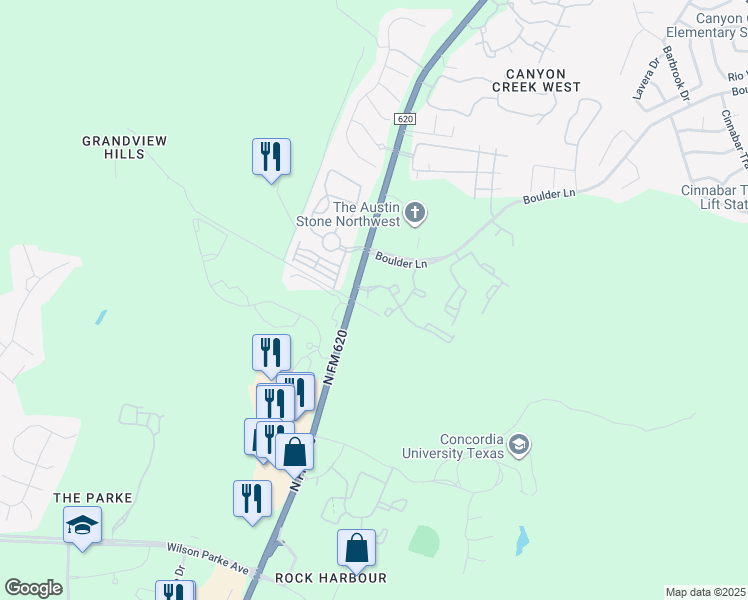 map of restaurants, bars, coffee shops, grocery stores, and more near 8801 Ranch Road 620 North in Austin