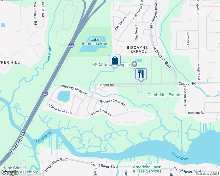 map of restaurants, bars, coffee shops, grocery stores, and more near 4196 Anderson Woods Drive in Jacksonville