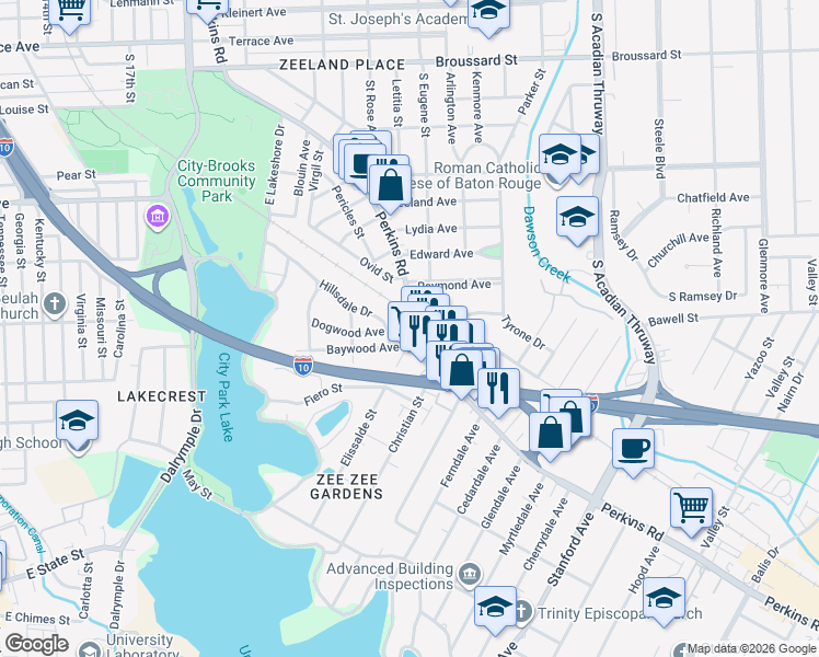 map of restaurants, bars, coffee shops, grocery stores, and more near 2820 South Eugene Street in Baton Rouge