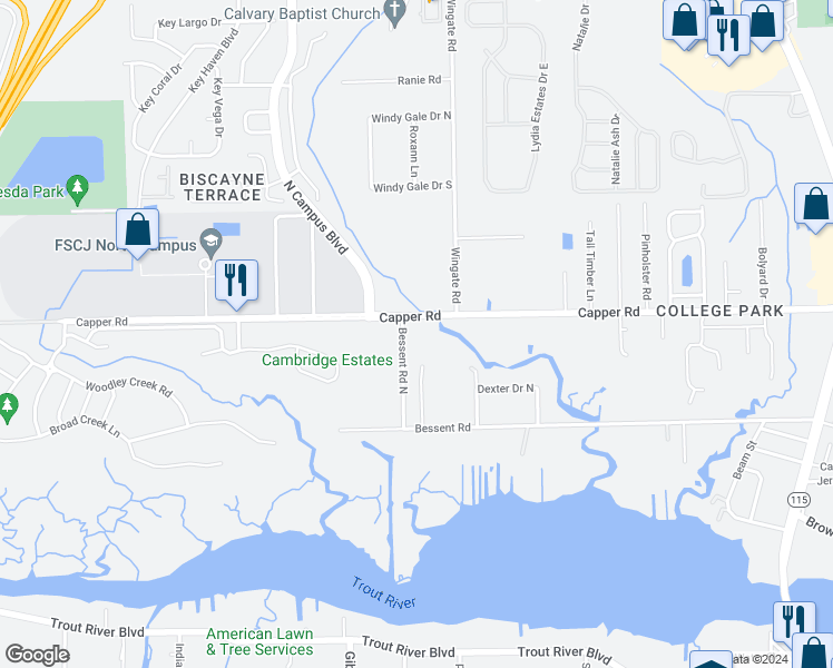 map of restaurants, bars, coffee shops, grocery stores, and more near 10565 Bessent Road North in Jacksonville