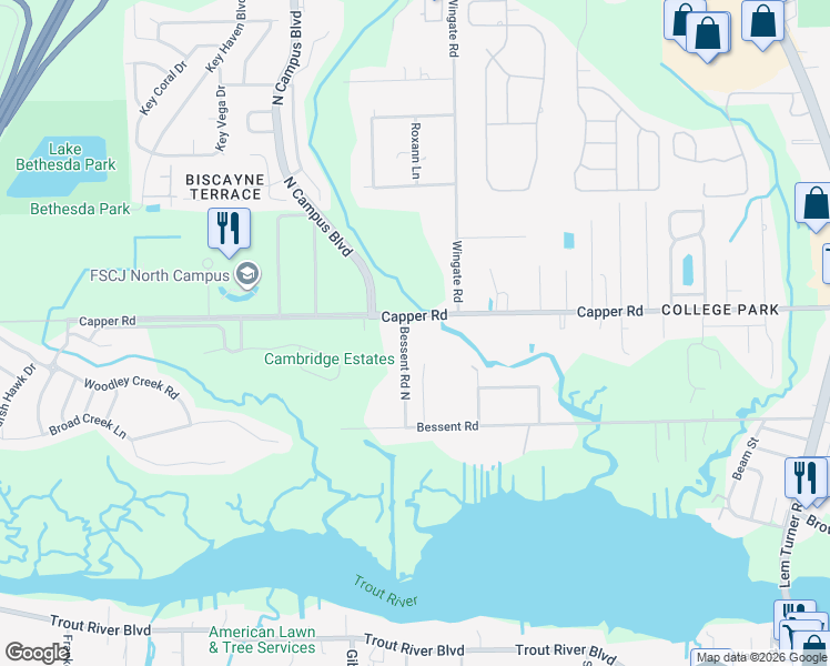 map of restaurants, bars, coffee shops, grocery stores, and more near 10565 Bessent Road North in Jacksonville