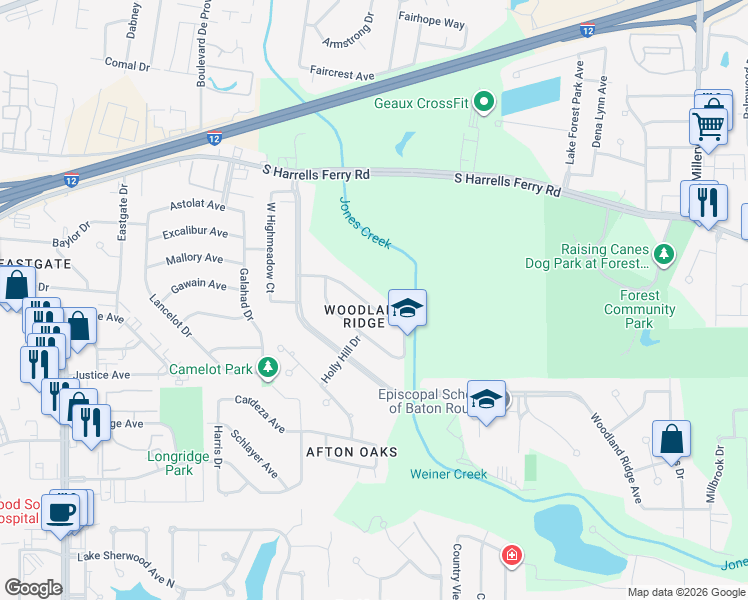 map of restaurants, bars, coffee shops, grocery stores, and more near 13013 Deerpath Way in Baton Rouge