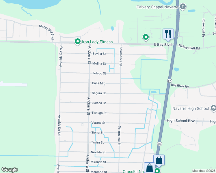 map of restaurants, bars, coffee shops, grocery stores, and more near 8290 Calle Mio in Navarre