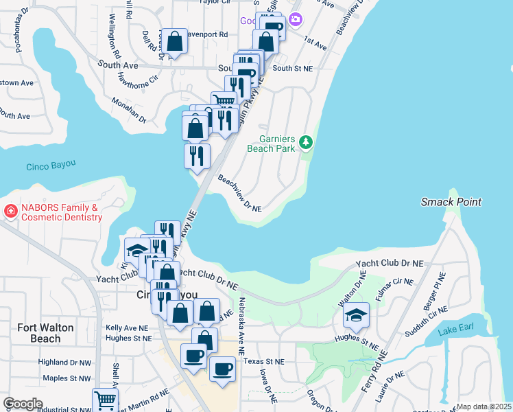 map of restaurants, bars, coffee shops, grocery stores, and more near 222 Beachview Drive Northeast in Fort Walton Beach
