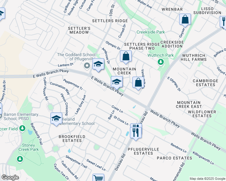 map of restaurants, bars, coffee shops, grocery stores, and more near 1305 E Wells Branch Pkwy in Pflugerville