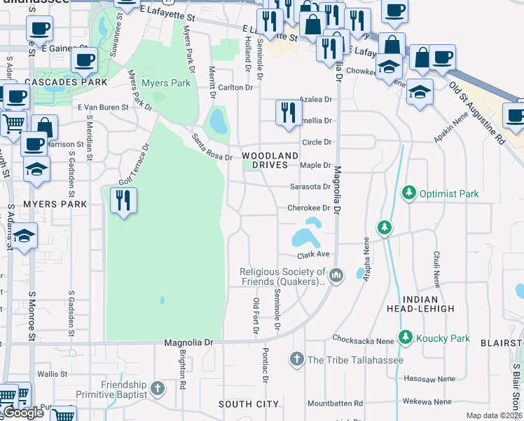 map of restaurants, bars, coffee shops, grocery stores, and more near 1521 Old Fort Drive in Tallahassee
