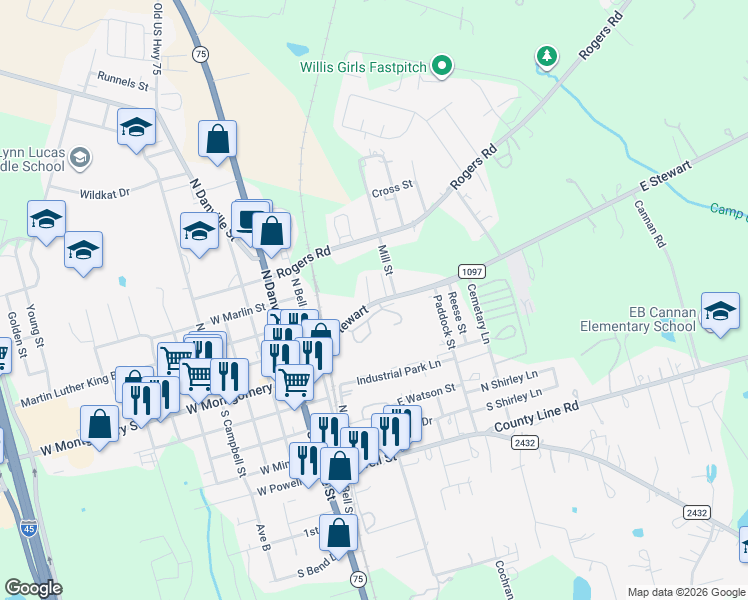 map of restaurants, bars, coffee shops, grocery stores, and more near 13 East Stewart in Willis