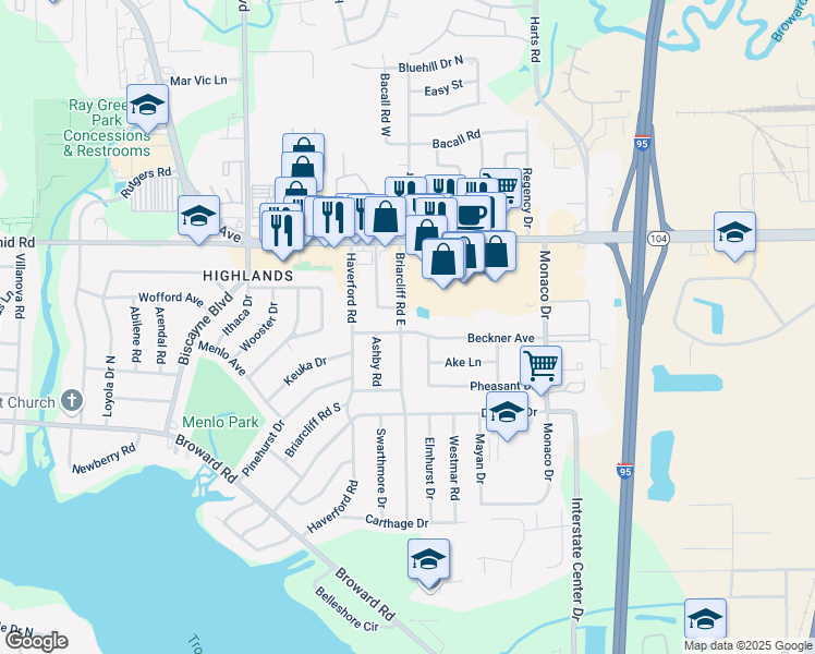 map of restaurants, bars, coffee shops, grocery stores, and more near 10610 Wake Forest Avenue in Jacksonville