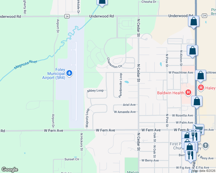 map of restaurants, bars, coffee shops, grocery stores, and more near 1772 Abbey Loop in Foley