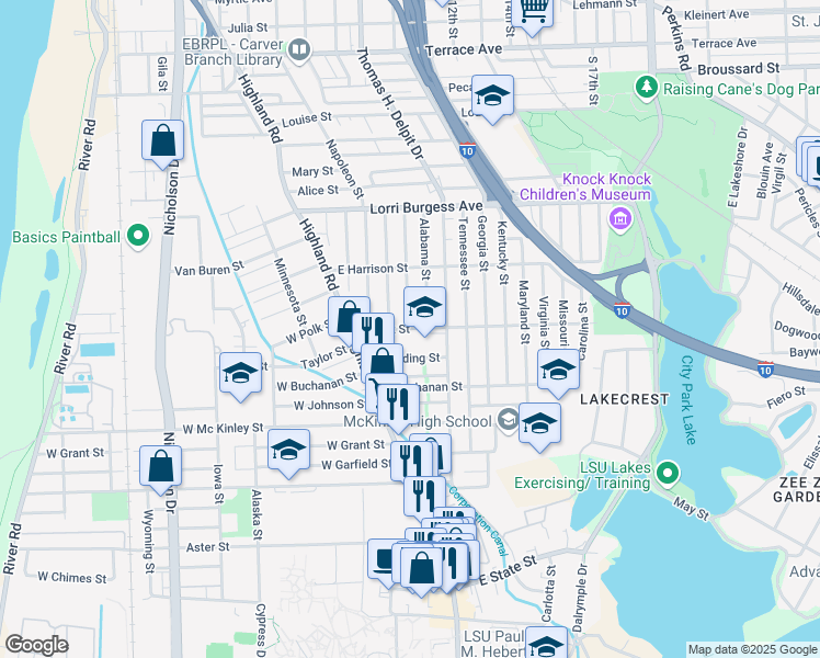 map of restaurants, bars, coffee shops, grocery stores, and more near 408 East Polk Street in Baton Rouge