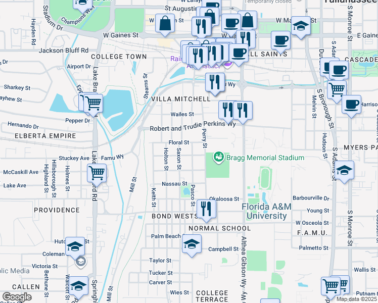 map of restaurants, bars, coffee shops, grocery stores, and more near 671 Floral Street in Tallahassee