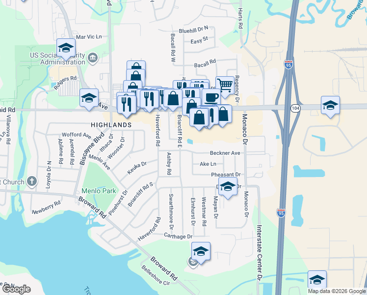 map of restaurants, bars, coffee shops, grocery stores, and more near 10610 Wake Forest Avenue in Jacksonville