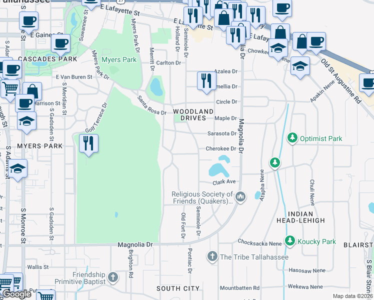 map of restaurants, bars, coffee shops, grocery stores, and more near 1521 Old Fort Drive in Tallahassee