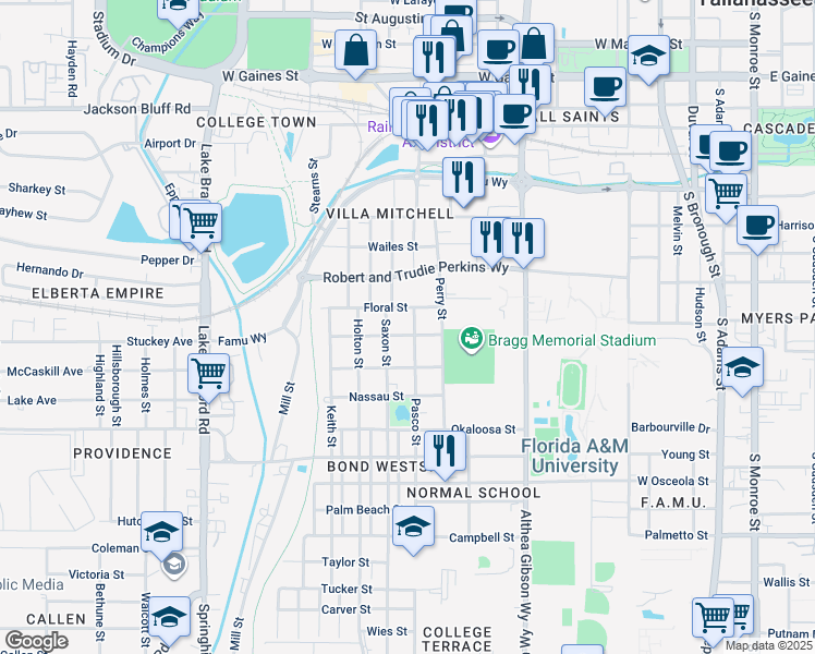 map of restaurants, bars, coffee shops, grocery stores, and more near 671 Floral Street in Tallahassee