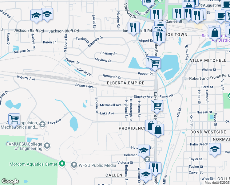 map of restaurants, bars, coffee shops, grocery stores, and more near 1517 Elberta Drive in Tallahassee