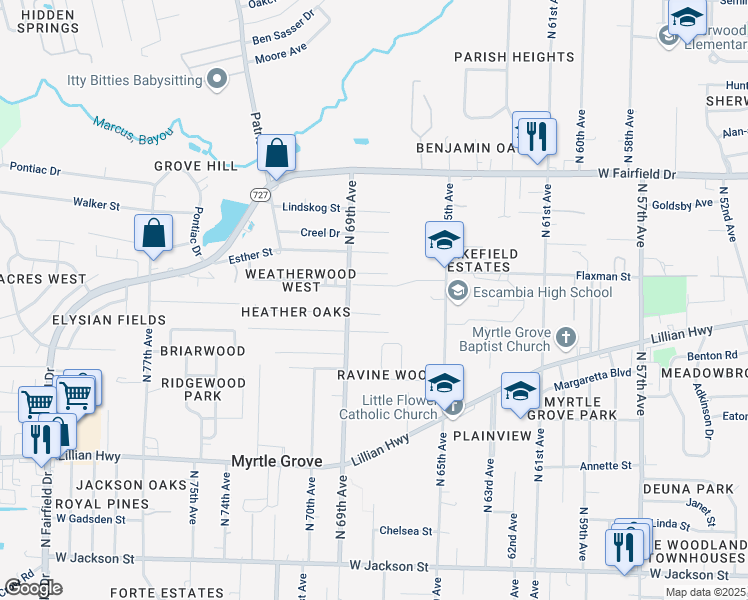 map of restaurants, bars, coffee shops, grocery stores, and more near 6825 Foxchase Circle in Pensacola