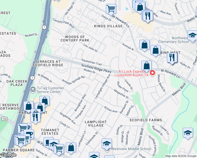 map of restaurants, bars, coffee shops, grocery stores, and more near 2118 Rodeo Drive in Austin