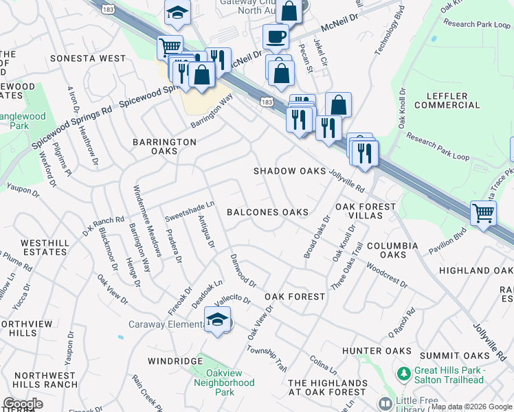 map of restaurants, bars, coffee shops, grocery stores, and more near 7204 Carew Cove in Austin