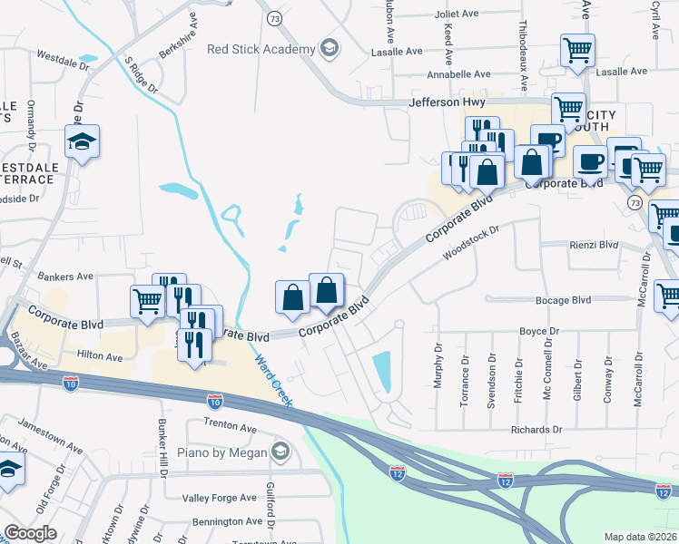 map of restaurants, bars, coffee shops, grocery stores, and more near 6765 Corporate Boulevard in Baton Rouge