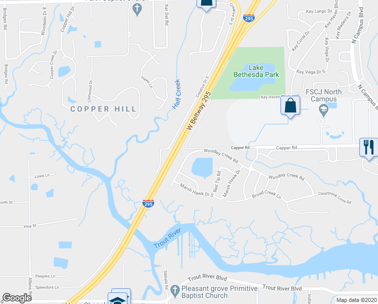 map of restaurants, bars, coffee shops, grocery stores, and more near 4499 Woodley Creek Road in Jacksonville