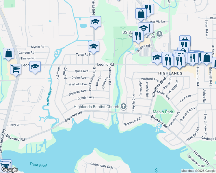 map of restaurants, bars, coffee shops, grocery stores, and more near 10569 Citrus Lane in Jacksonville