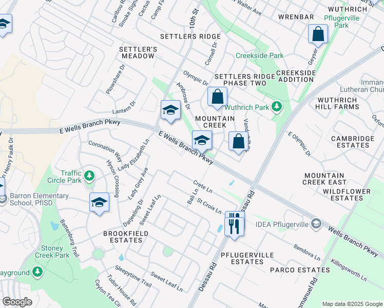 map of restaurants, bars, coffee shops, grocery stores, and more near Wells Branch Parkway in Pflugerville