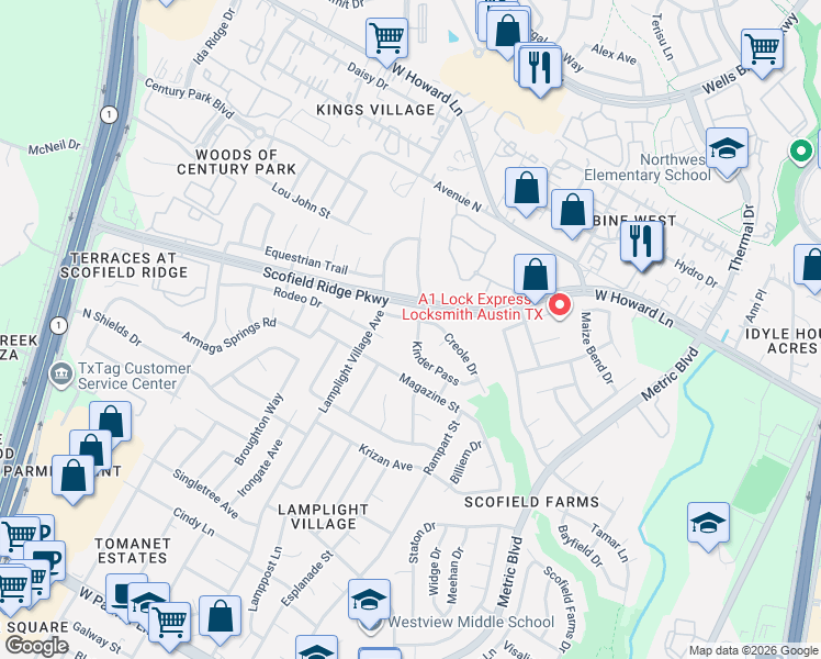 map of restaurants, bars, coffee shops, grocery stores, and more near 2012 Creole Drive in Austin