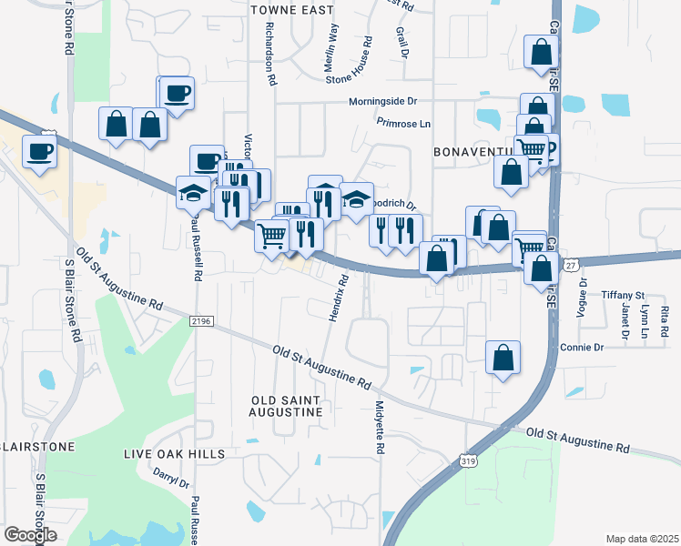 map of restaurants, bars, coffee shops, grocery stores, and more near 2531 Apalachee Parkway in Tallahassee