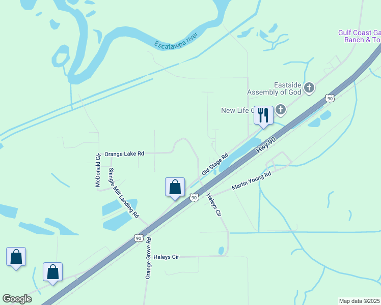 map of restaurants, bars, coffee shops, grocery stores, and more near 9236 Orange Lake Road in Moss Point