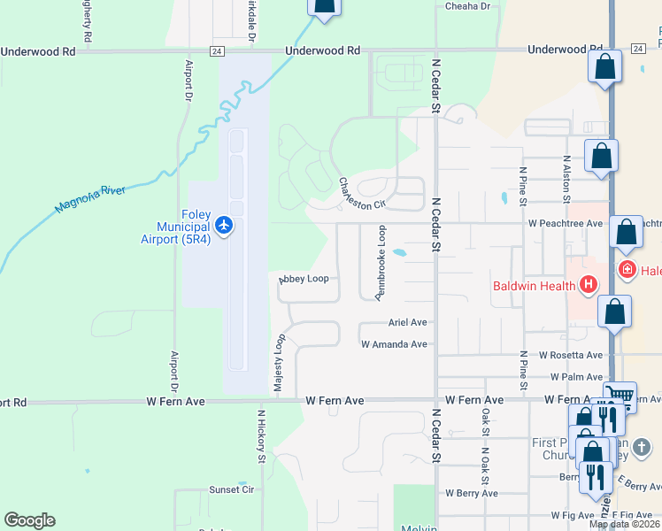 map of restaurants, bars, coffee shops, grocery stores, and more near 1763 Abbey Loop in Foley
