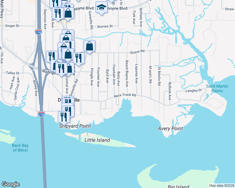 map of restaurants, bars, coffee shops, grocery stores, and more near 9490-9514 Batia Avenue in D'Iberville