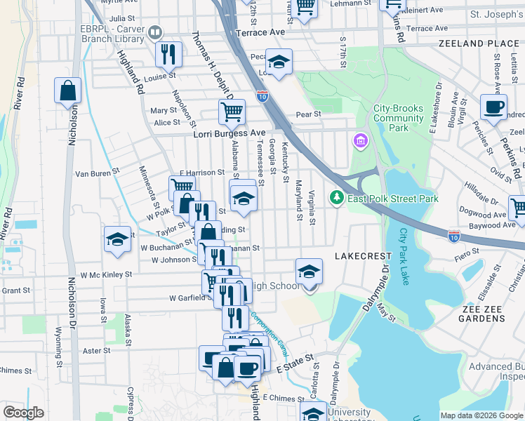 map of restaurants, bars, coffee shops, grocery stores, and more near 2201 Tennessee Street in Baton Rouge