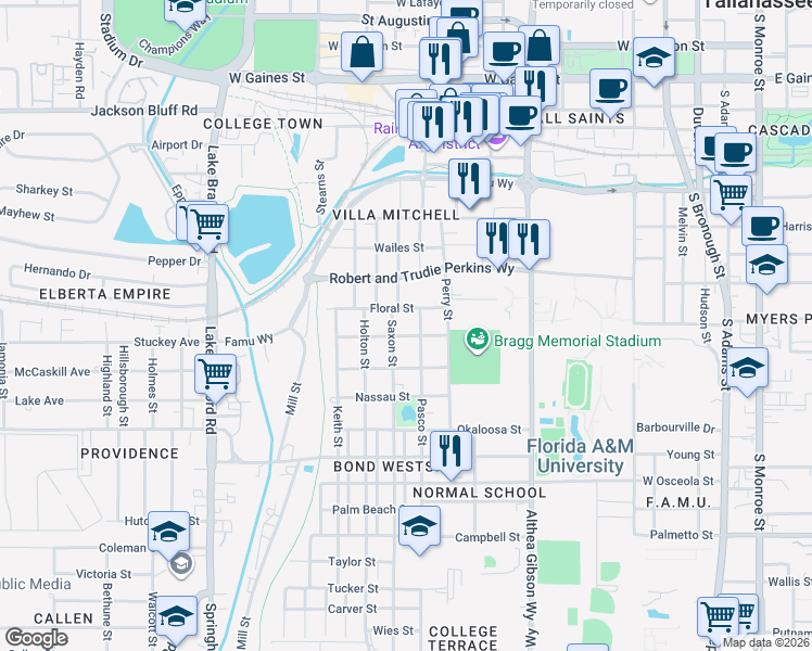 map of restaurants, bars, coffee shops, grocery stores, and more near 712 Liberty Street in Tallahassee