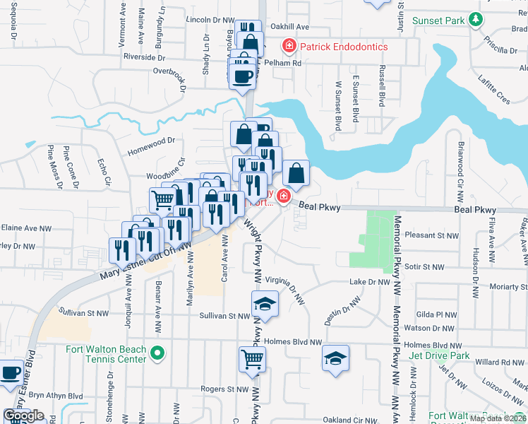 map of restaurants, bars, coffee shops, grocery stores, and more near 402 Mary Esther Cut Off Northwest in Fort Walton Beach