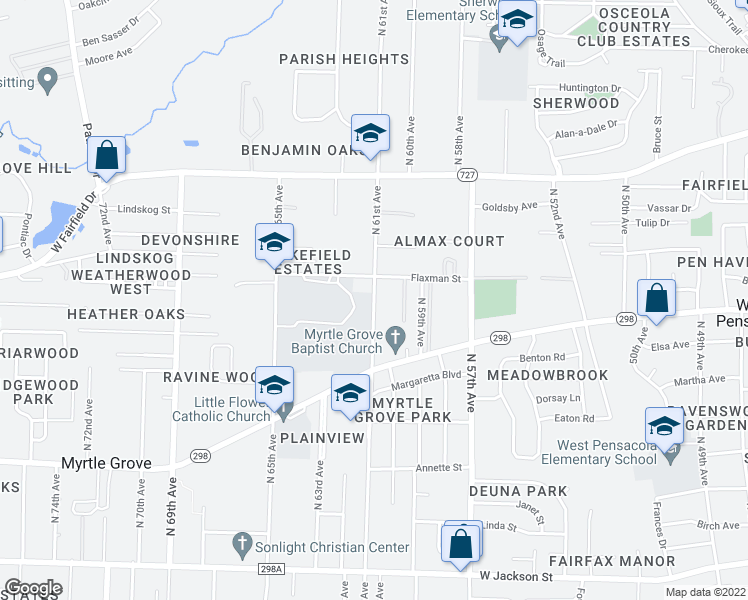 map of restaurants, bars, coffee shops, grocery stores, and more near North 61st Avenue in Pensacola