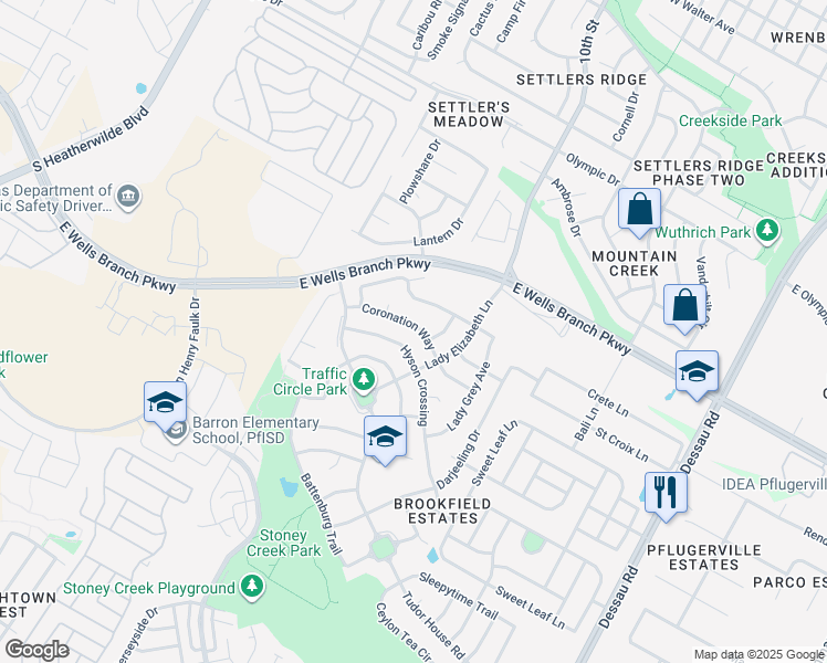 map of restaurants, bars, coffee shops, grocery stores, and more near 1104 Coronation Way in Pflugerville