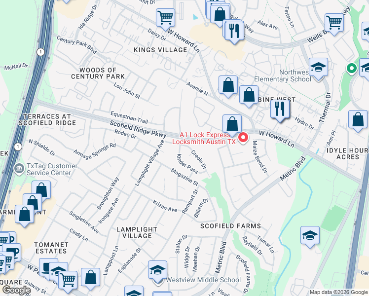 map of restaurants, bars, coffee shops, grocery stores, and more near 2012 Creole Drive in Austin