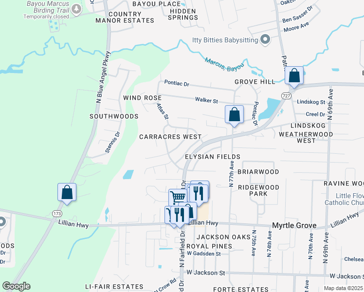 map of restaurants, bars, coffee shops, grocery stores, and more near 1316 El Dorado Drive in Pensacola