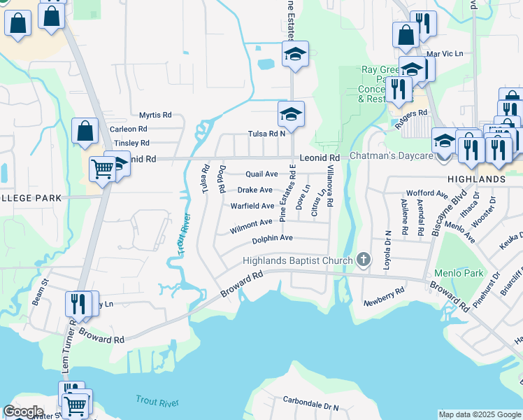 map of restaurants, bars, coffee shops, grocery stores, and more near 2436 Warfield Avenue in Jacksonville