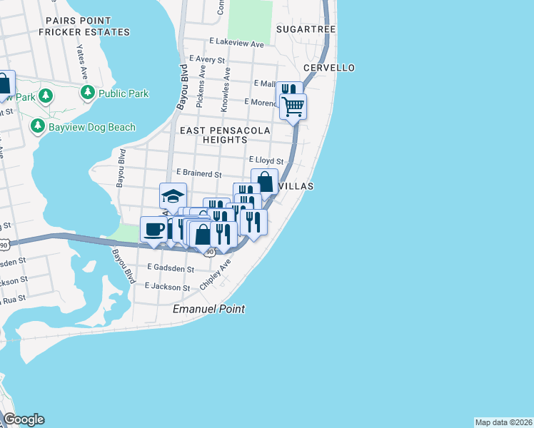 map of restaurants, bars, coffee shops, grocery stores, and more near 810 Scenic Highway in Pensacola