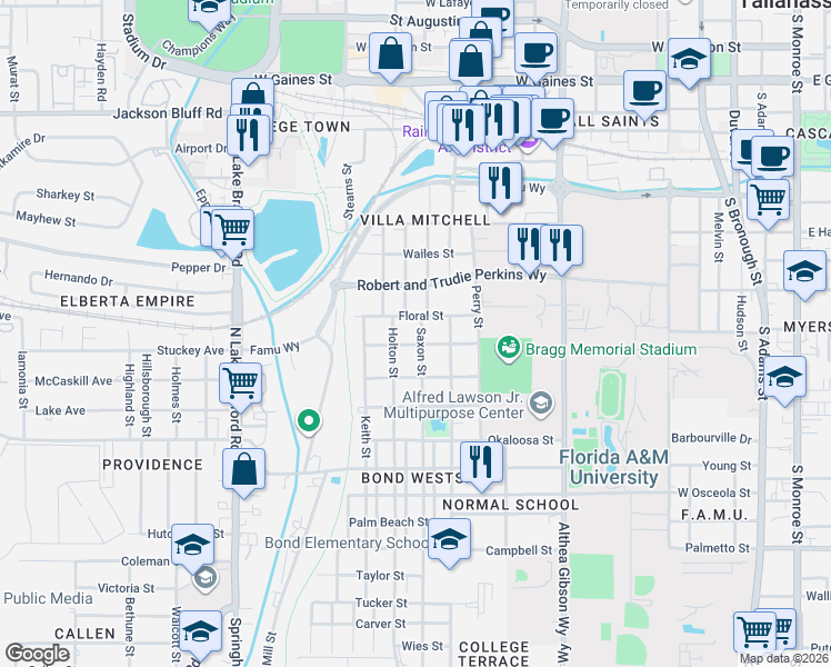 map of restaurants, bars, coffee shops, grocery stores, and more near 809 Floral Street in Tallahassee