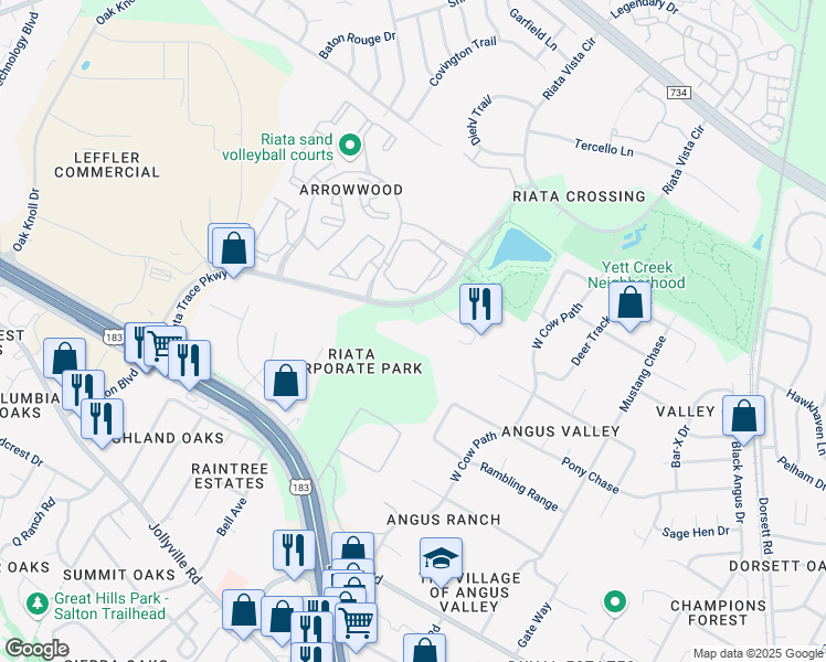 map of restaurants, bars, coffee shops, grocery stores, and more near 12357 Riata Trace Parkway in Austin