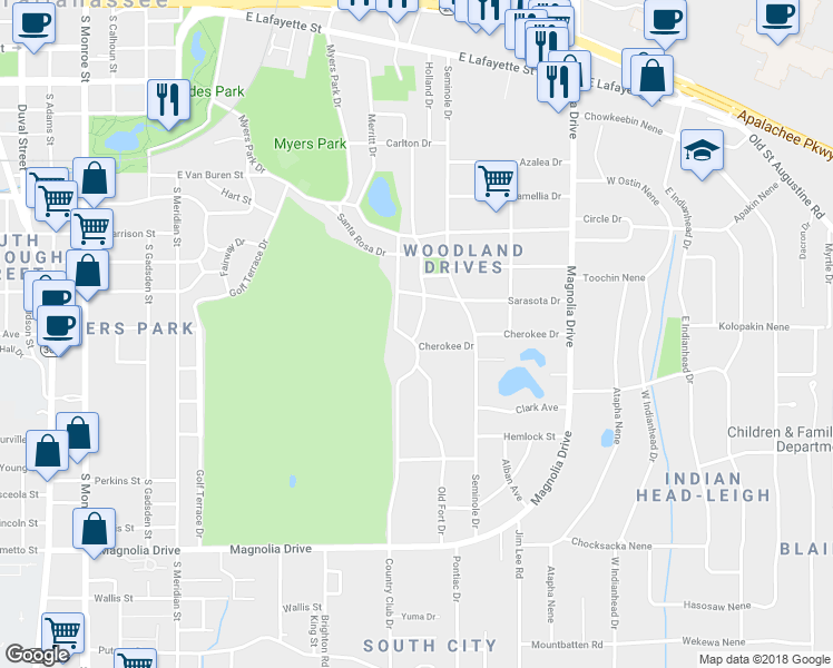 map of restaurants, bars, coffee shops, grocery stores, and more near 1500 Old Fort Drive in Tallahassee