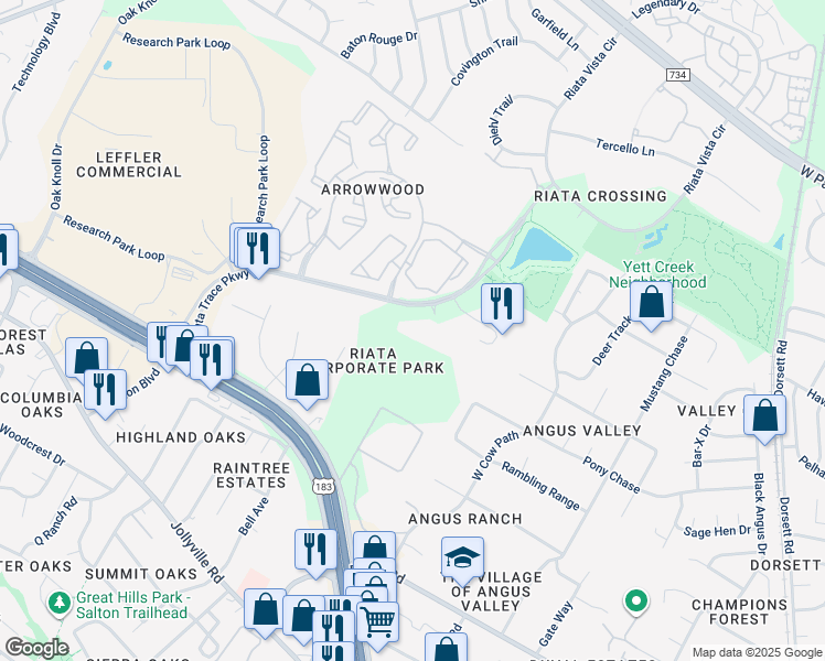 map of restaurants, bars, coffee shops, grocery stores, and more near 12331 Riata Trace Parkway in Austin
