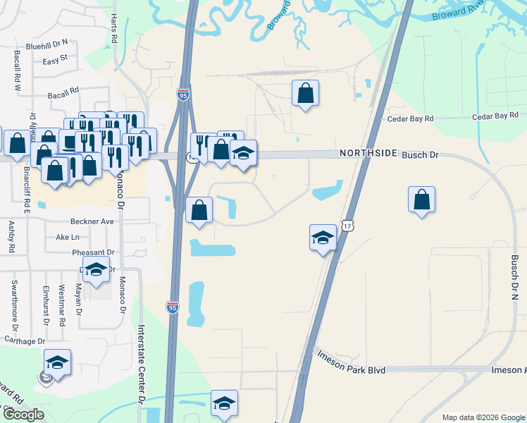 map of restaurants, bars, coffee shops, grocery stores, and more near 10490 Balmoral Circle East in Jacksonville
