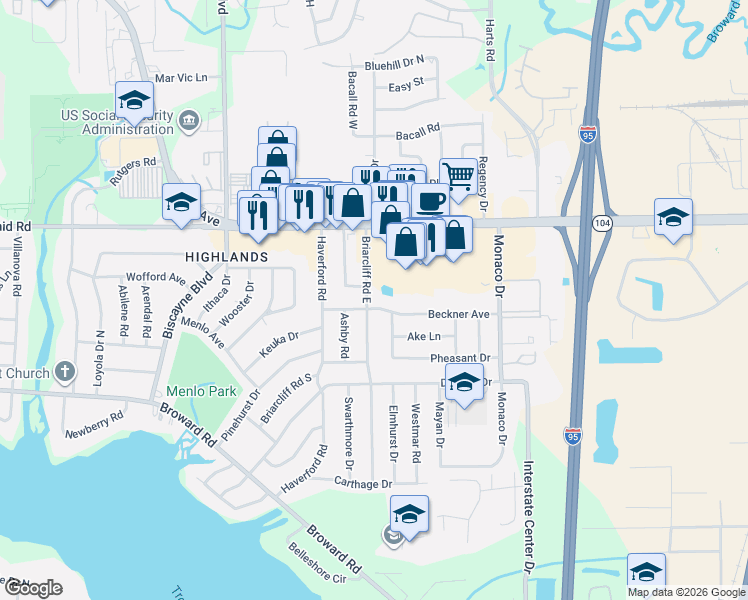 map of restaurants, bars, coffee shops, grocery stores, and more near 10610 Wake Forest Avenue in Jacksonville