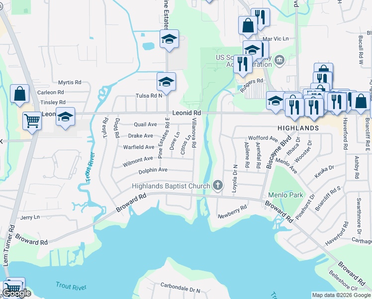 map of restaurants, bars, coffee shops, grocery stores, and more near 10569 Citrus Lane in Jacksonville